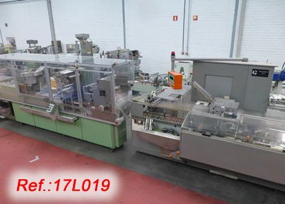 BLISTER AND PACKAGING LINE WITH CAM PARTENA M-82 PVC-ALUMINIUM BLISTER FORMING-FILLING-SEALING AND CUTTING MACHINE WITH ARTIFICIAL VISION PRODUCT DETECTOR, TRANSFER AND INLINE PACKAGING MACHINE MARCHESINI MA-310