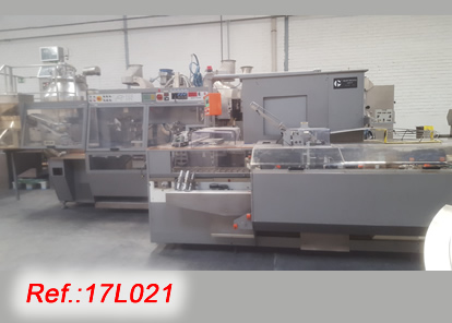 BLISTER AND PACKAGING LINE WITH MARCHESINI MB-420 BLISTER MACHINE FOR FORMING  FILLING  SEALING AND CUTTING OF PVC-ALU AND ALU  ALU BLISTERS WITH ARTIFICIAL VISION PRODUCT DETECTOR, TRANSFER AND MARCHESINI MA-310 PACKAGING MACHINE