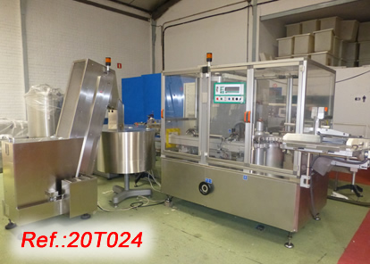 MARCHESINI MT-200 MONOBLOC TUBE FILLING WITH PILLS MACHINE WITH ROTATORY FEEDING TRAY OF PILLS TO TWO CHANNELS, FEEDING CONE WITH TOP ELEVATOR GIRAFFE, TUBE DISPENSER TO MACHINE FOR TUBE FILLING AND CLOSING AND OUTPUT TO PACKAGING MACHINE