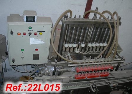 AUTOMATIC LIQUID FILLING MACHINE WITH TEN 60ML PISTONS AND FOUR 1 LITRE APPROX. PISTONS