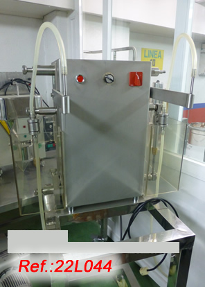 STAINLESS STEEL JEF VIAL LIQUID FILLING MACHINE WITH TWO 4ML TO 11ML PISTON RANGE WITH SPEED REGULATOR AND TABLE WITH WHEELS WITH BRAKES