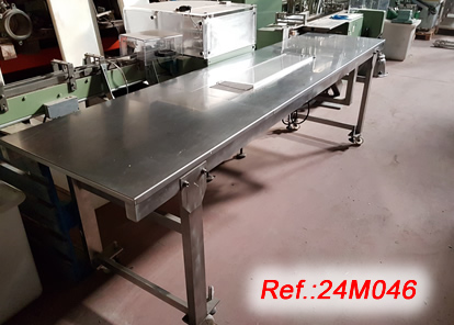 STAINLESS STEEL TABLE WITH WHEELS AND CENTER TRANSPORT BAND