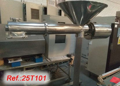 GLATT LABORTECNIC HOPPER WITH ENDLESS SCREW TRANSPORT FOR POWDER FILLING OF TRAYS WITH STAINLESS STEEL STRUCTURE WITH SUPPORT LEGS AND WHEELS