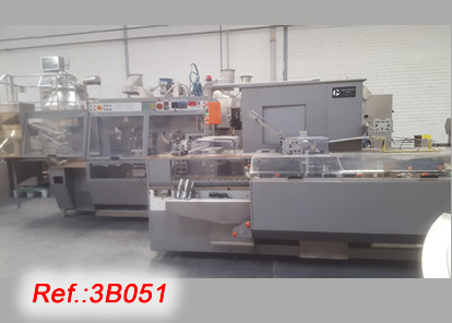 BLISTER AND PACKAGING LINE WITH MARCHESINI MB-420 BLISTER MACHINE FOR FORMING  FILLING  SEALING AND CUTTING OF PVC-ALU AND ALU  ALU BLISTERS WITH ARTIFICIAL VISION PRODUCT DETECTOR, TRANSFER AND PACKAGING MACHINE MARCHESINI MA-310