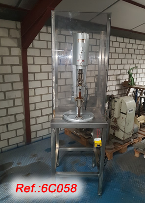 S.DOMENECH SEMIAUTOMATIC BOTTLE ALUMINIUM CAP CLOSING - SCREWING CAPPING MACHINE WITH SAFETY GUARDS ON A TABLE WITH WHEELS