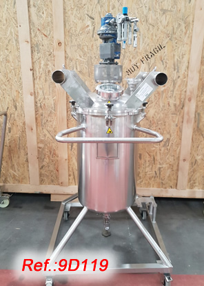 BHLE 100 LITRE APPROX. STAINLESS STEEL PRESSURE TANK WITH PNEUMATIC AGITATOR WITH INTERMEDIATE BLADE AGITATION AND END PROPELLER AGITATION, VIEW GLASS, STRUCTURE AND TRANSPORT ARMS