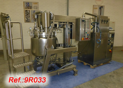 150L APPROX. FRYMA CREAM MANUFACTURE REACTOR WITH WATER STEAM JACKET, SLOW ANCHOR AGITATOR WITH SCRAPPERS AND TURBO AGITATOR, HYDRAULIC LID ELEVATION, TEMPERATURE REGISTERING UNIT, ELECTRONIC CONTROL PANELS AND WEIGHT LOAD CELLS