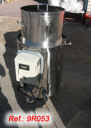 100 LITRE APPROX. STAINLESS STEEL MELTER TANK  WITH ELECTRIC JACKET, ELECTRIC CONTROL PANEL, LID AND WHEELS