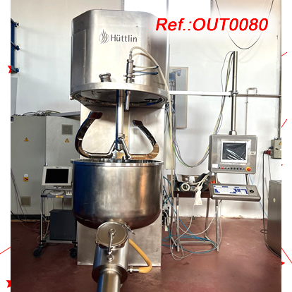 MIRROR FINISH STAINLESS STEEL HÜTTLIN MODEL HMG-250 GRANULATOR WITH STRUCTURE AND ELECTRIC CONTROL CABINET