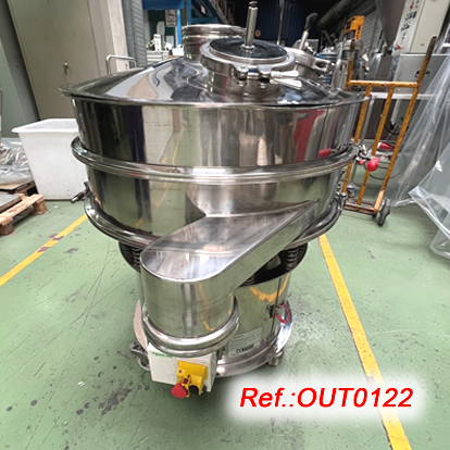 STAINLESS STEEL “FILTRA VIBRACIÓN, S.L.” VIBRATING SIEVE MACHINE WITH THREE INLETS ON THE LID, GRIP HANDLES, CASTER WHEELS AND ONE MESH AS IN STOCK