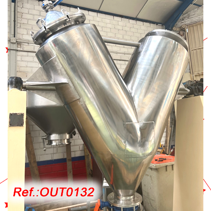 “M.J. ANDRÉS” 600 LITRE APPROX. “V” MIXER WITH HERMETIC CLAMP CLOSURES AND VALVE FOR USING IF WANTED A VACUUM PRODUCT LOAD SYSTEM (VAC-U.MAX)